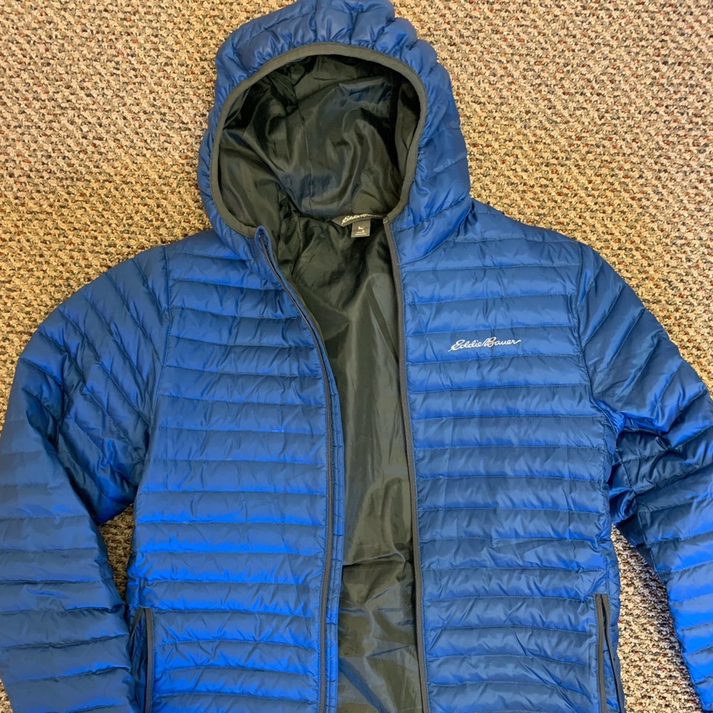Men’s Eddie Bauer EB700 down hooded puffer jacket Sz Small Blue first ascent